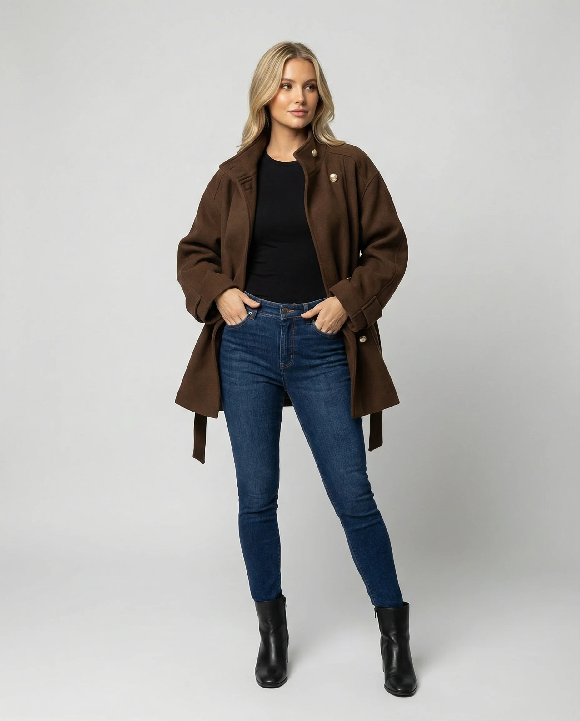 Damen Günstige Strickjacke Damen Slim kurzer Wollmix-Mantel mit Bindegürtel und Stehkragen Heidi Mode - Image 3