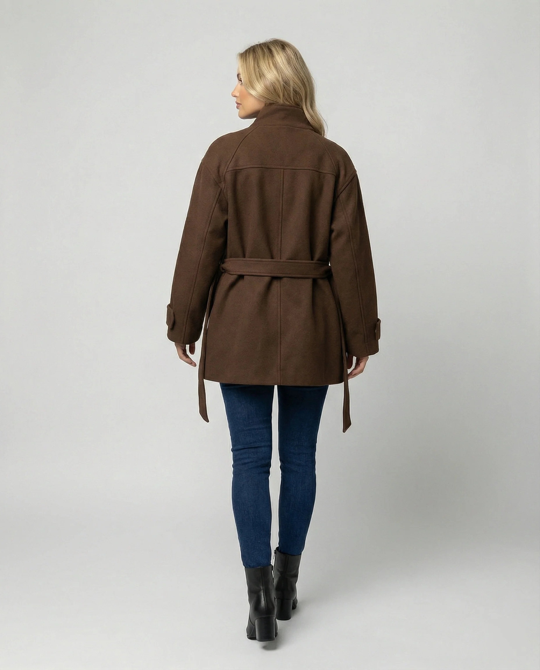 Damen Günstige Strickjacke Damen Slim kurzer Wollmix-Mantel mit Bindegürtel und Stehkragen Heidi Mode - Image 4