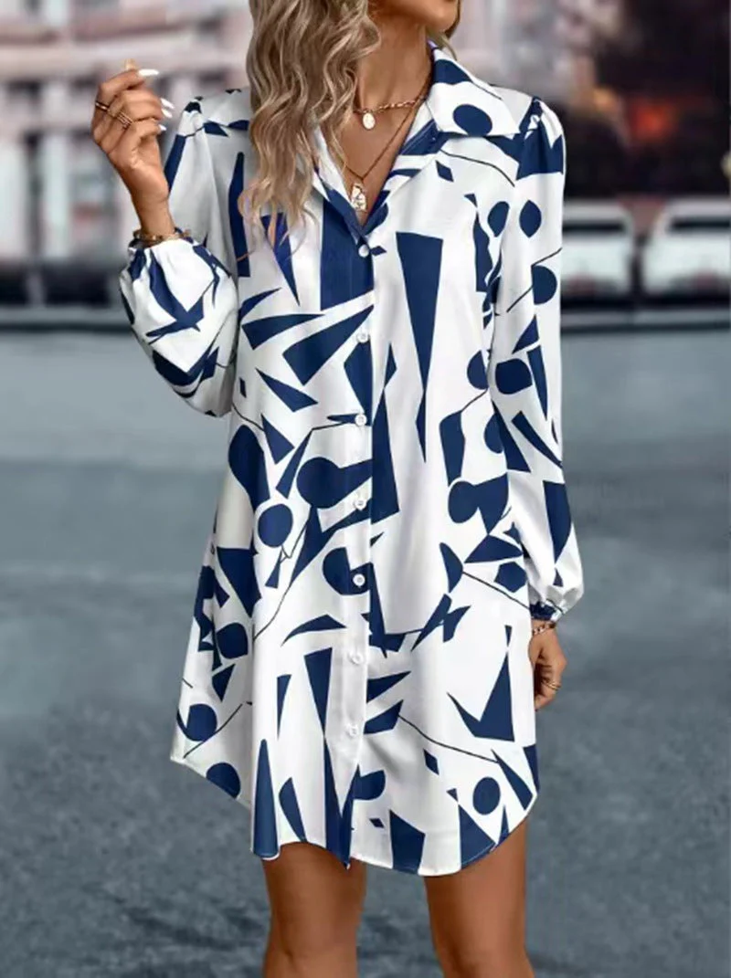 Damen Hemdblusen-Kleid mit Modernem Geometrischem Druck und Praktischen Knopfdetails Heidi-Mode - Image 6