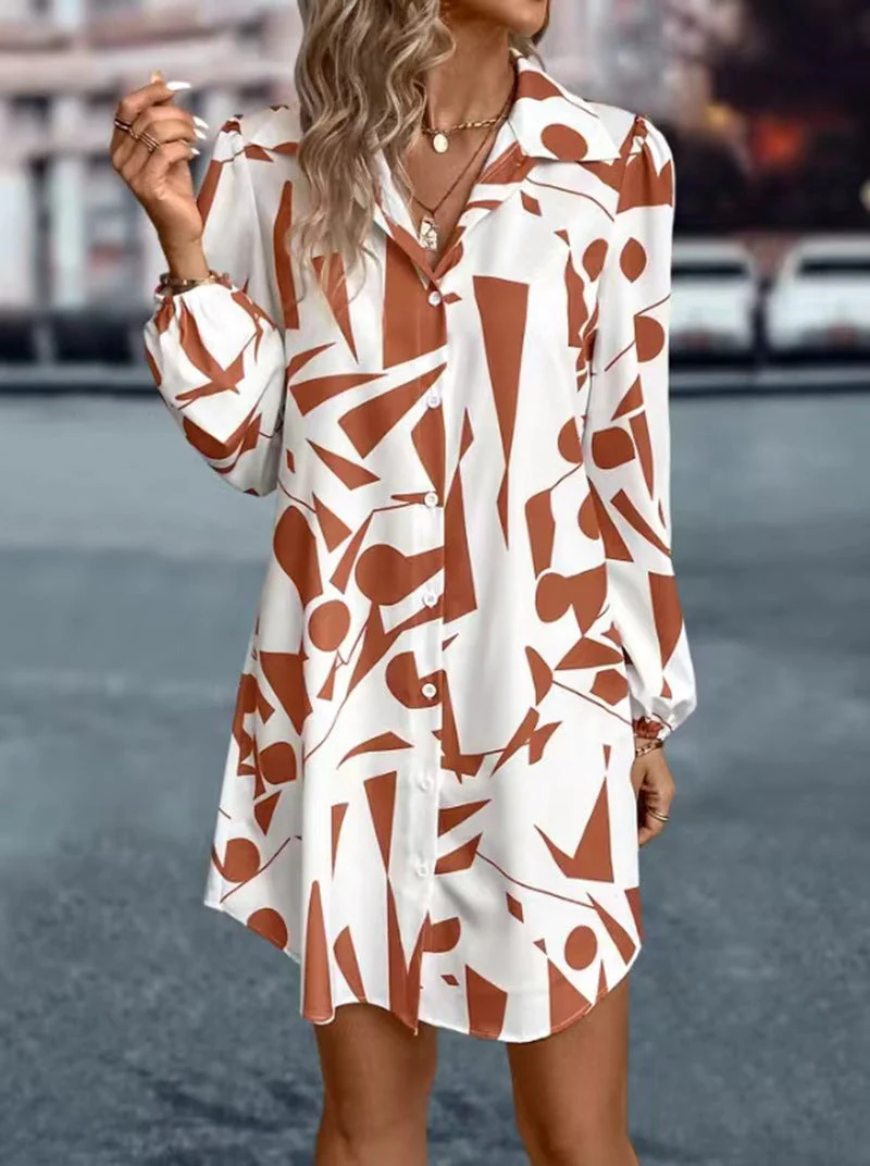 Damen Hemdblusen-Kleid mit Modernem Geometrischem Druck und Praktischen Knopfdetails Heidi-Mode - Image 7
