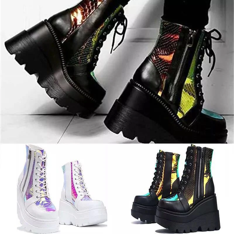 Damen Hochformatige Plateau-Schnürstiefel mit Kunstleder und reflektierenden Akzenten Heidi Mode - Image 2