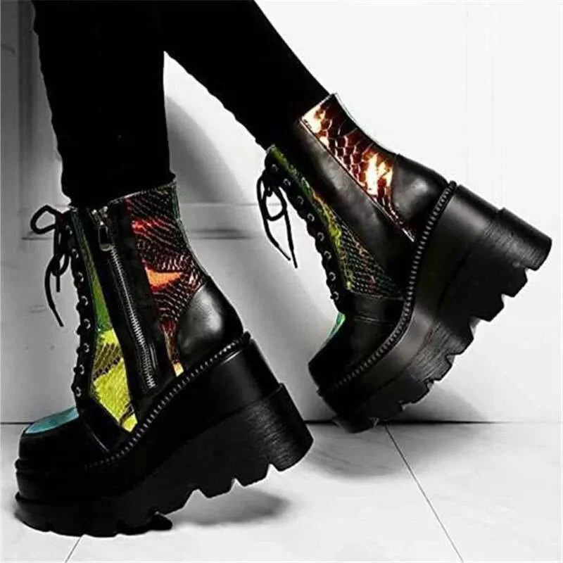 Damen Hochformatige Plateau-Schnürstiefel mit Kunstleder und reflektierenden Akzenten Heidi Mode - Image 3
