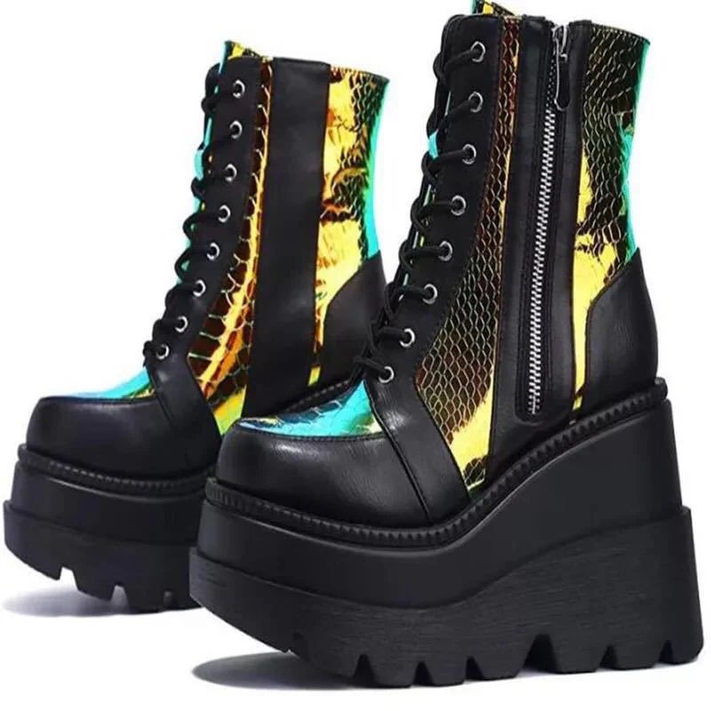 Damen Hochformatige Plateau-Schnürstiefel mit Kunstleder und reflektierenden Akzenten Heidi Mode - Image 6