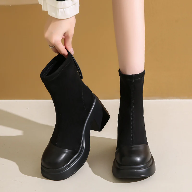 Damen Hochfront Stiefeletten mit modischem Blockabsatz und elastischem Material Heidi Mode - Image 3