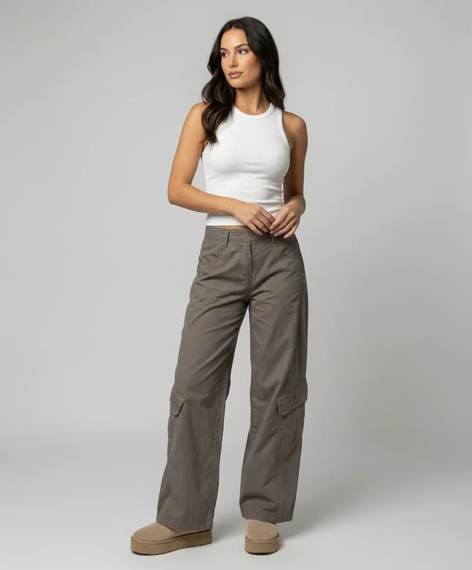 Damen hochgeschnittene Cargo-Hose mit weitem Bein, aufgesetzten Klappentaschen und Ziernähten Heidi-Mode - Image 2