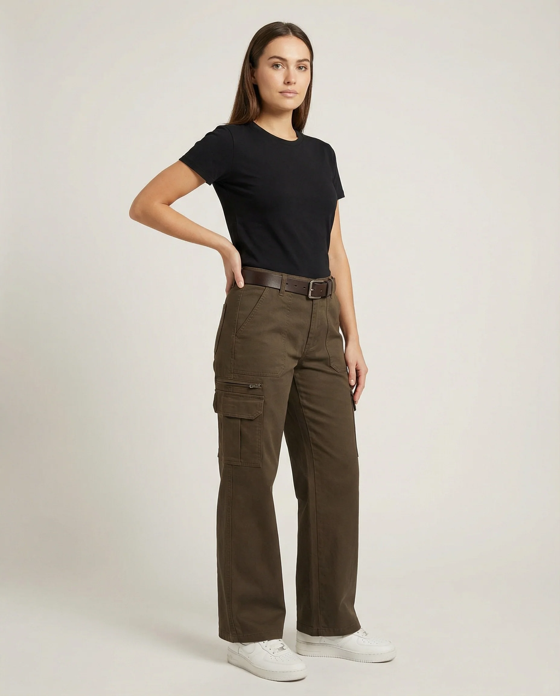 Damen hochgeschnittene Cargohose mit weitem Bein, mehrlagigen Kniepaneelen und verstellbaren Beinlaschen Heidi-Mode - Image 2