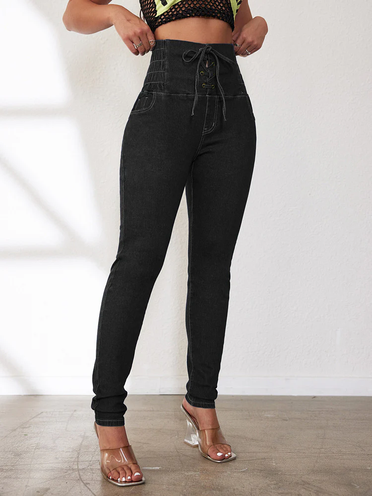 Damen Hochtaillierte Jeans mit verstellbarem Kordelzug und taillierter Passform Heidi-Mode - Image 7