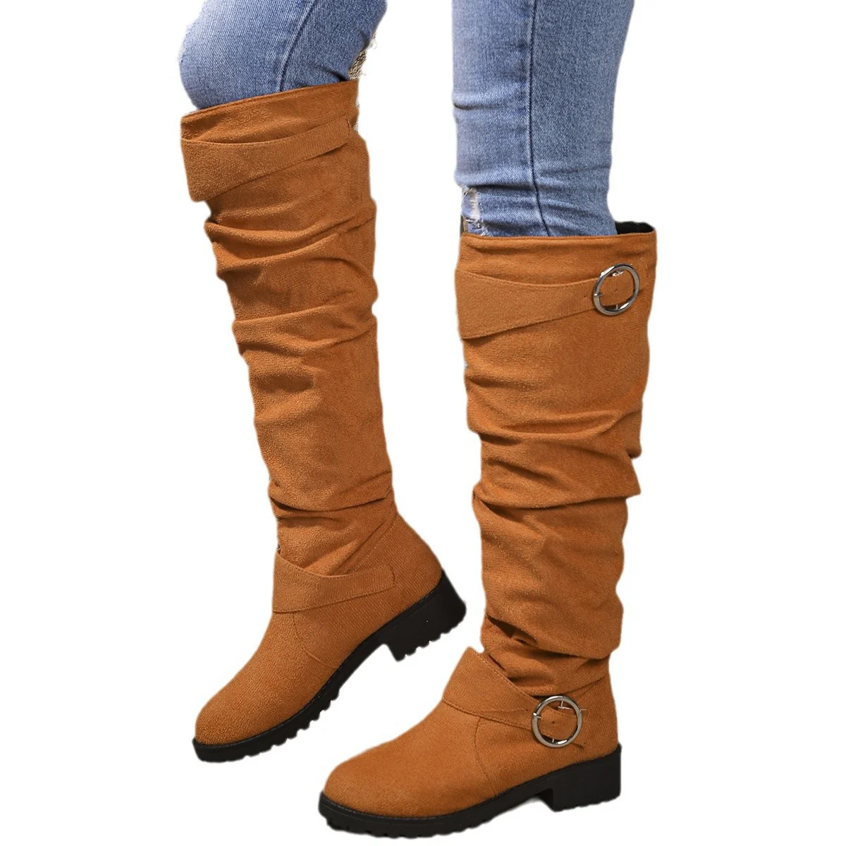 Damen hohe Stiefel mit modischem Rüschen-Design und dekorativem Riemen Heidi Mode - Image 5