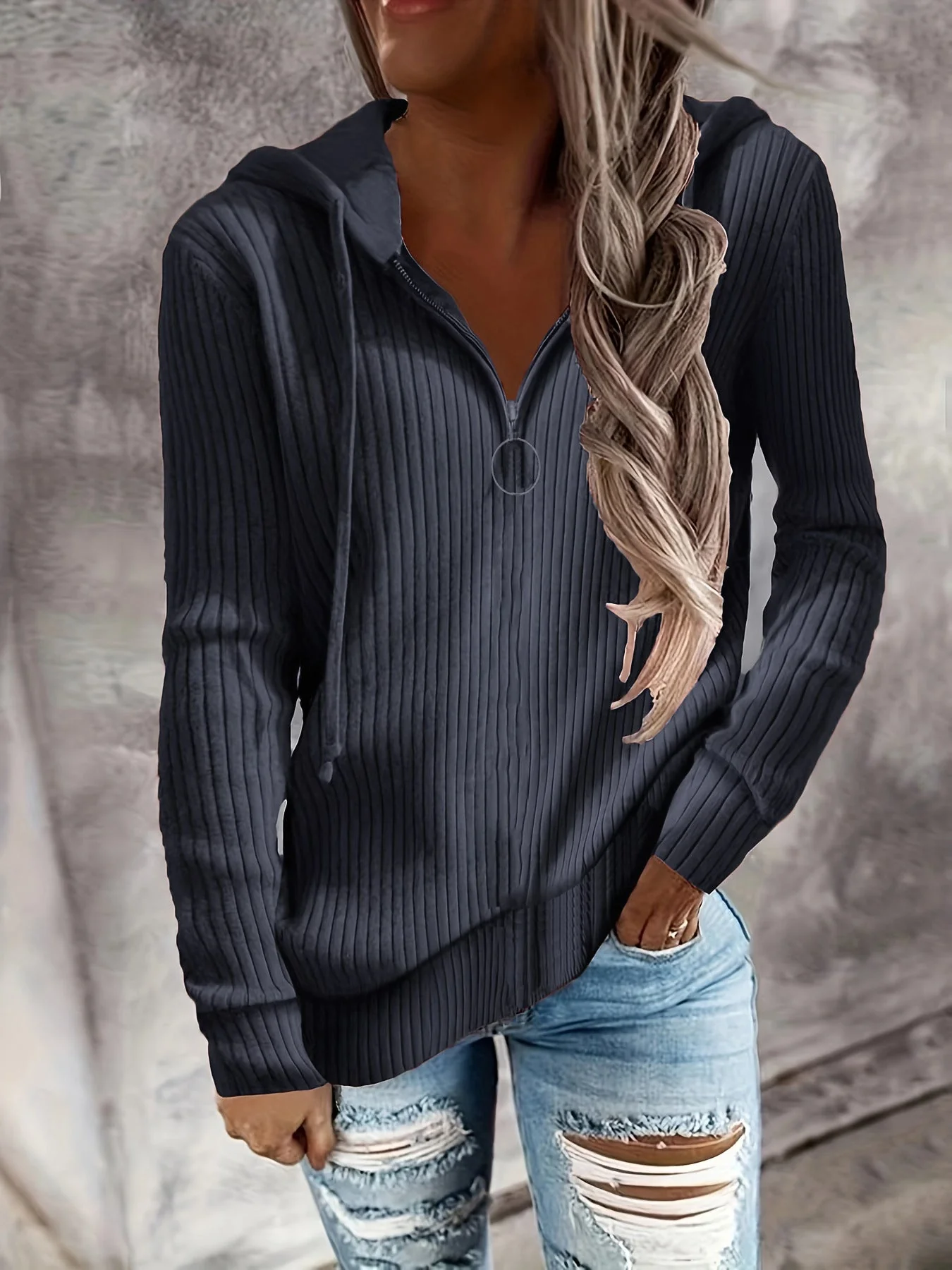 Damen Hoodie mit Reißverschluss und Lässigem Rippenstrickdesign Heidi-Mode - Image 10