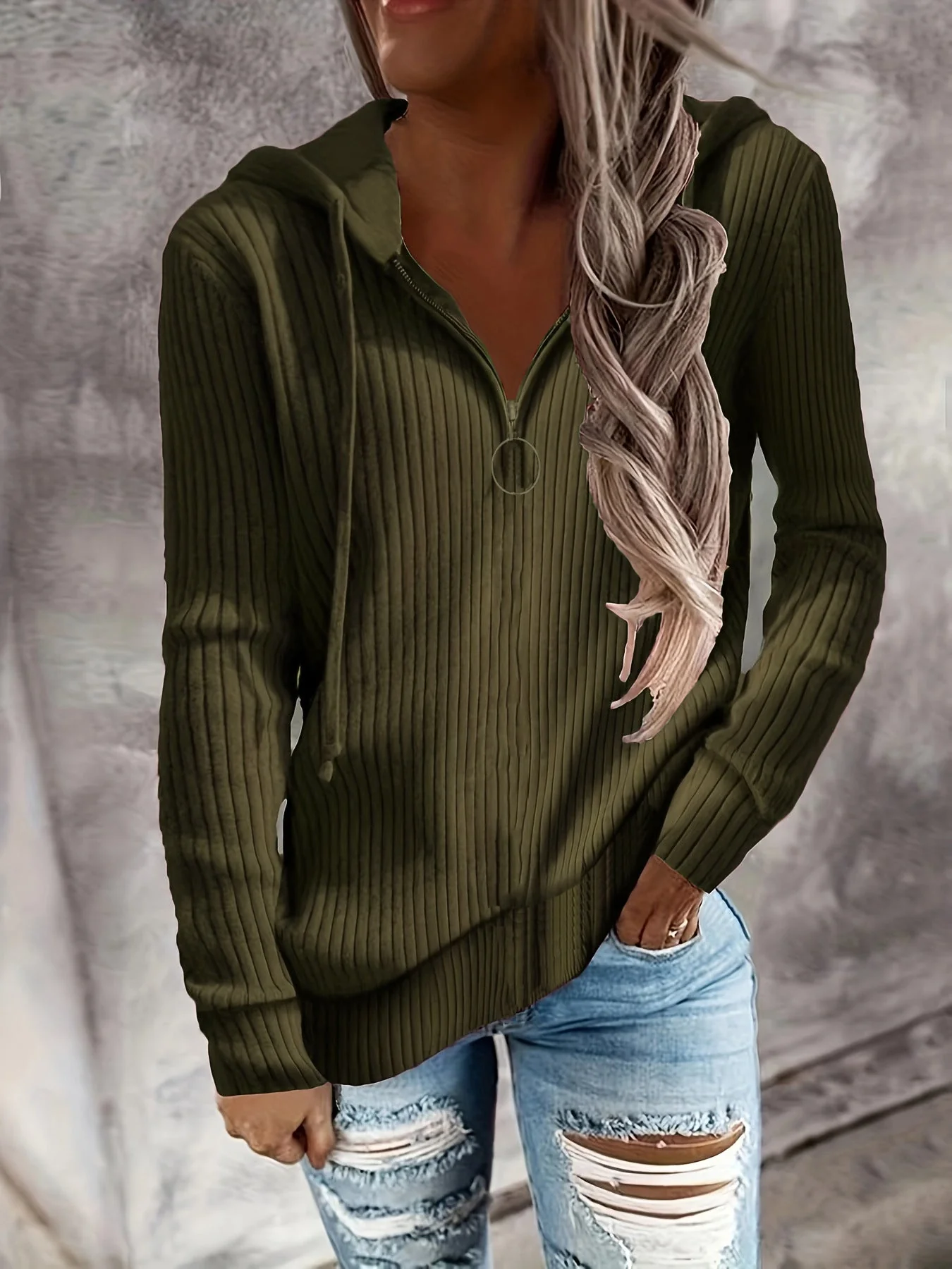Damen Hoodie mit Reißverschluss und Lässigem Rippenstrickdesign Heidi-Mode - Image 3