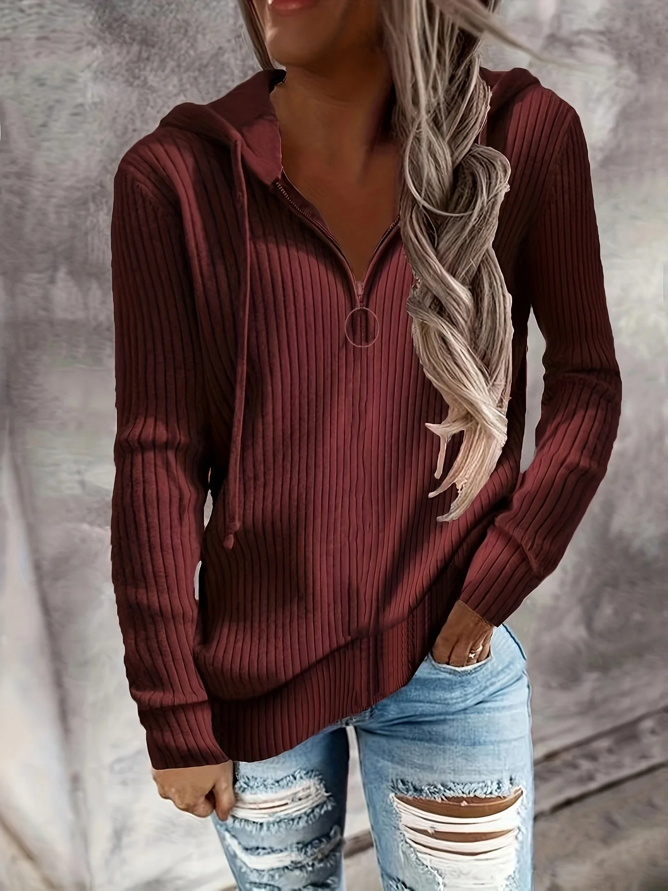 Damen Hoodie mit Reißverschluss und Lässigem Rippenstrickdesign Heidi-Mode - Image 7