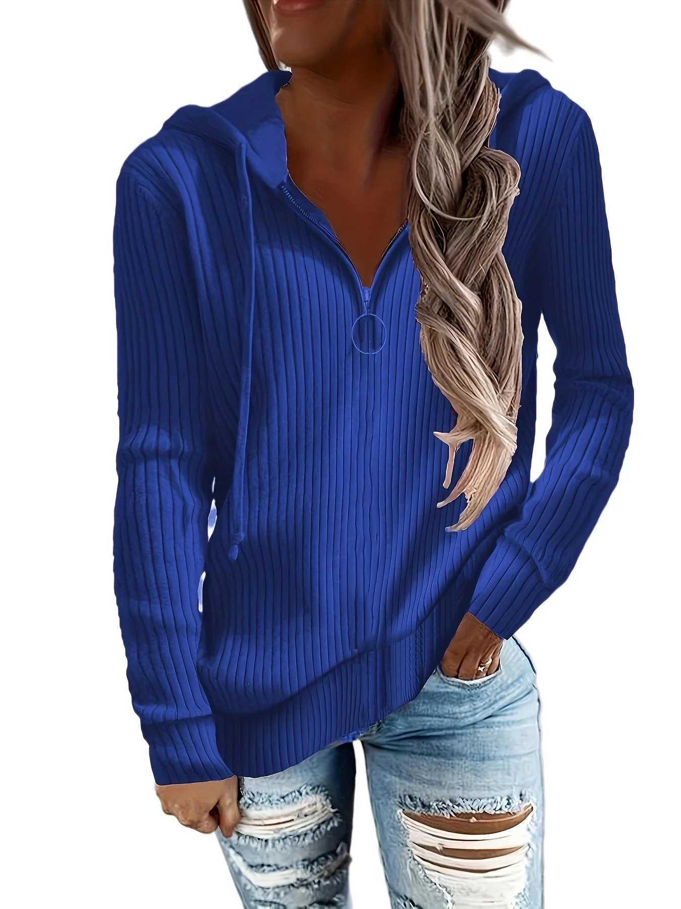 Damen Hoodie mit Reißverschluss und Lässigem Rippenstrickdesign Heidi-Mode - Image 8