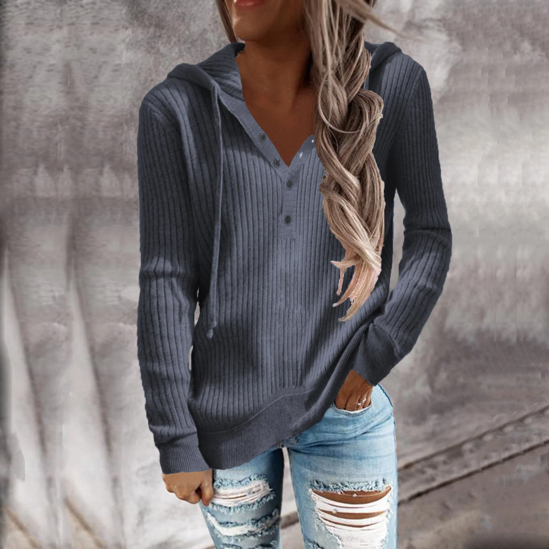 Damen Hoodie mit Strukturiertem Rippmuster und Knöpfbarem Ausschnitt Heidi-Mode - Image 2