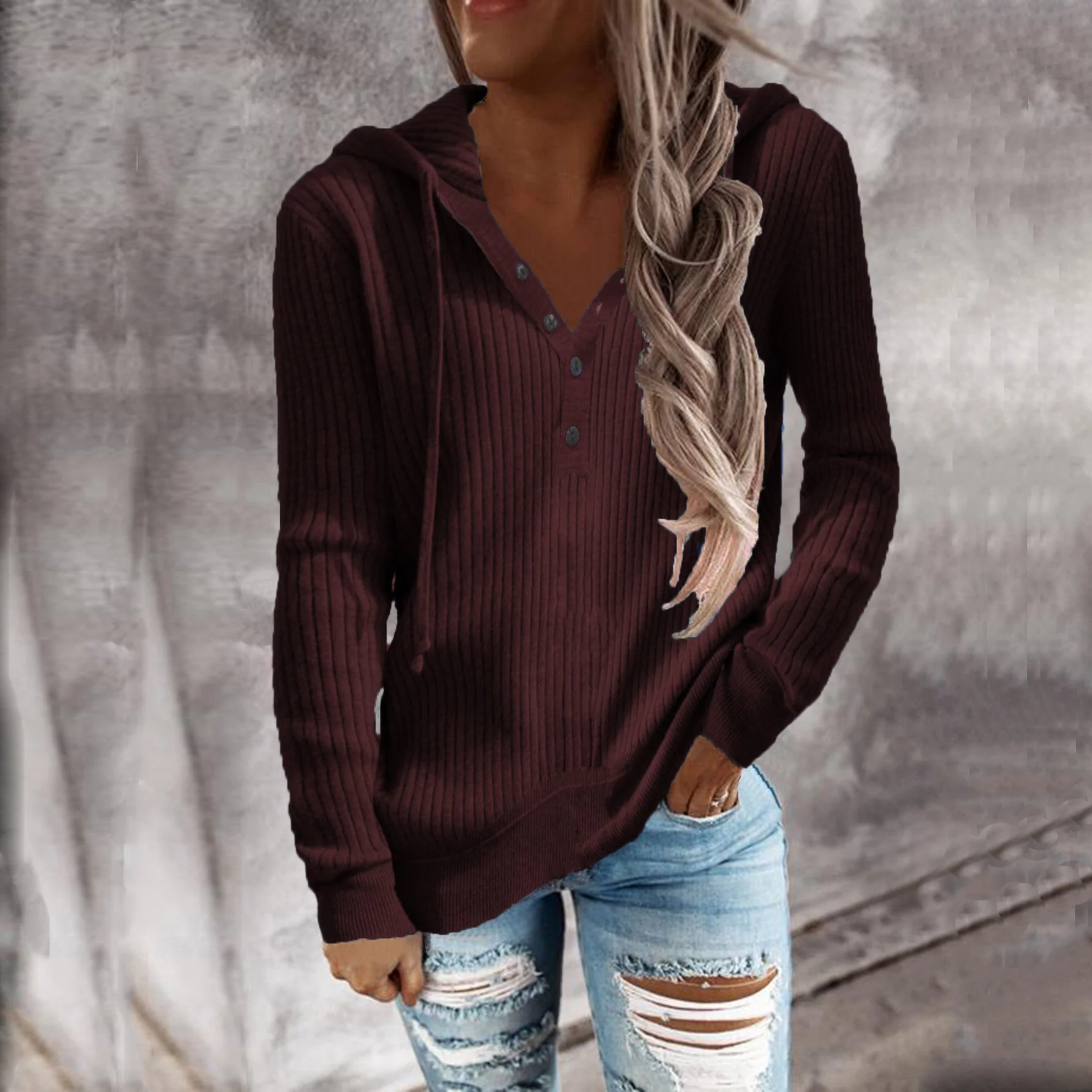 Damen Hoodie mit Strukturiertem Rippmuster und Knöpfbarem Ausschnitt Heidi-Mode - Image 5