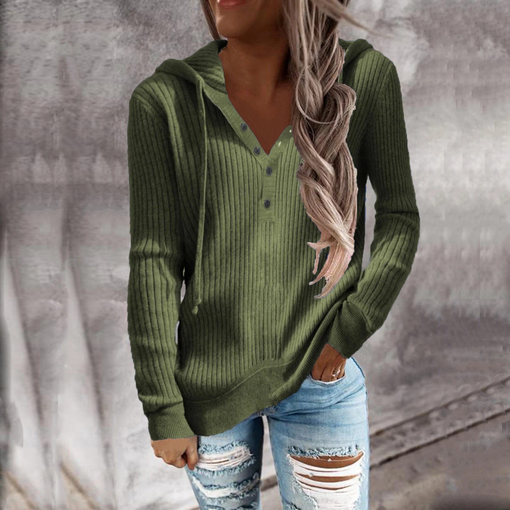 Damen Hoodie mit Strukturiertem Rippmuster und Knöpfbarem Ausschnitt Heidi-Mode - Image 6