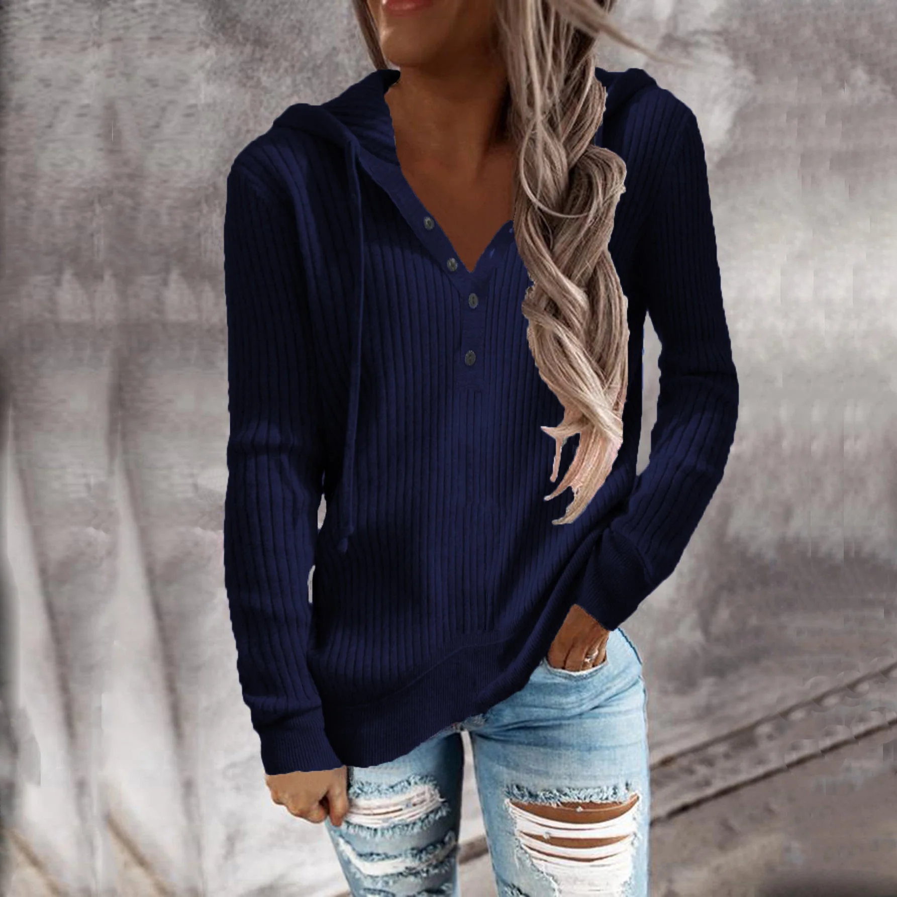 Damen Hoodie mit Strukturiertem Rippmuster und Knöpfbarem Ausschnitt Heidi-Mode - Image 7