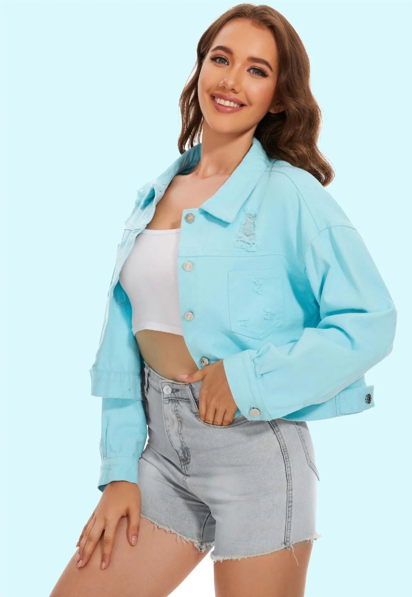 Damen Jeansjacke Im Lässigen Crop-Style mit Fransigen Details Heidi-Mode - Image 8