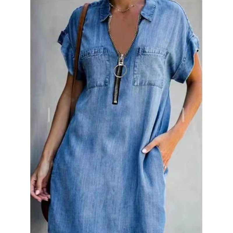 Damen Jeanskleid mit Modernem Reißverschluss und Praktischen Taschen Heidi-Mode