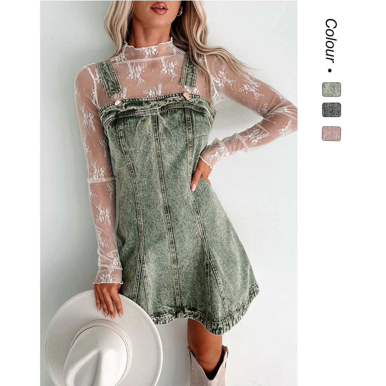 Damen Jeanskleid mit Verstellbaren Trägern und Modernem Schnitt Heidi-Mode