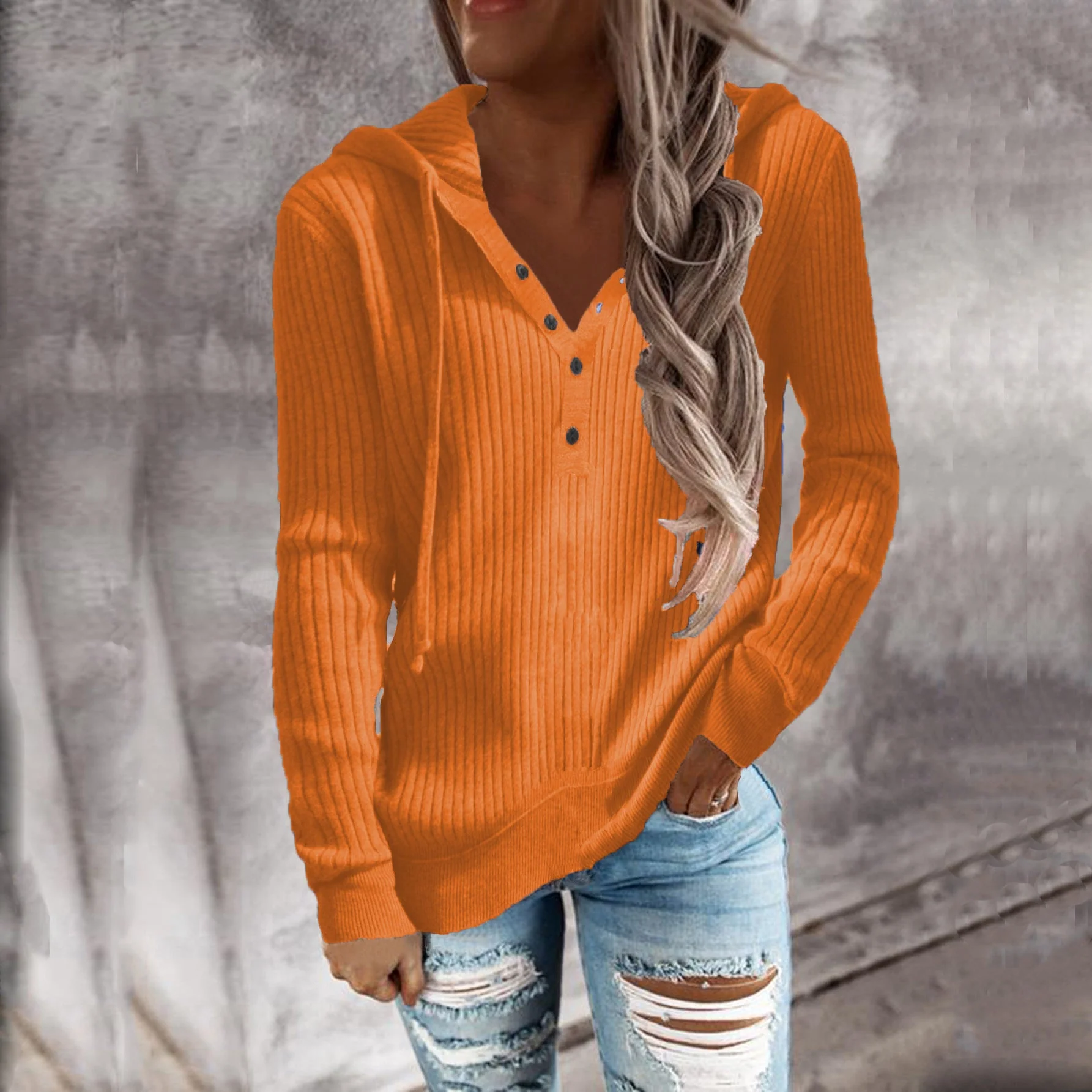 Damen Kapuzenpullover mit Strukturiertem Rippdesign und Praktischen Knopfdetails Heidi-Mode - Image 12
