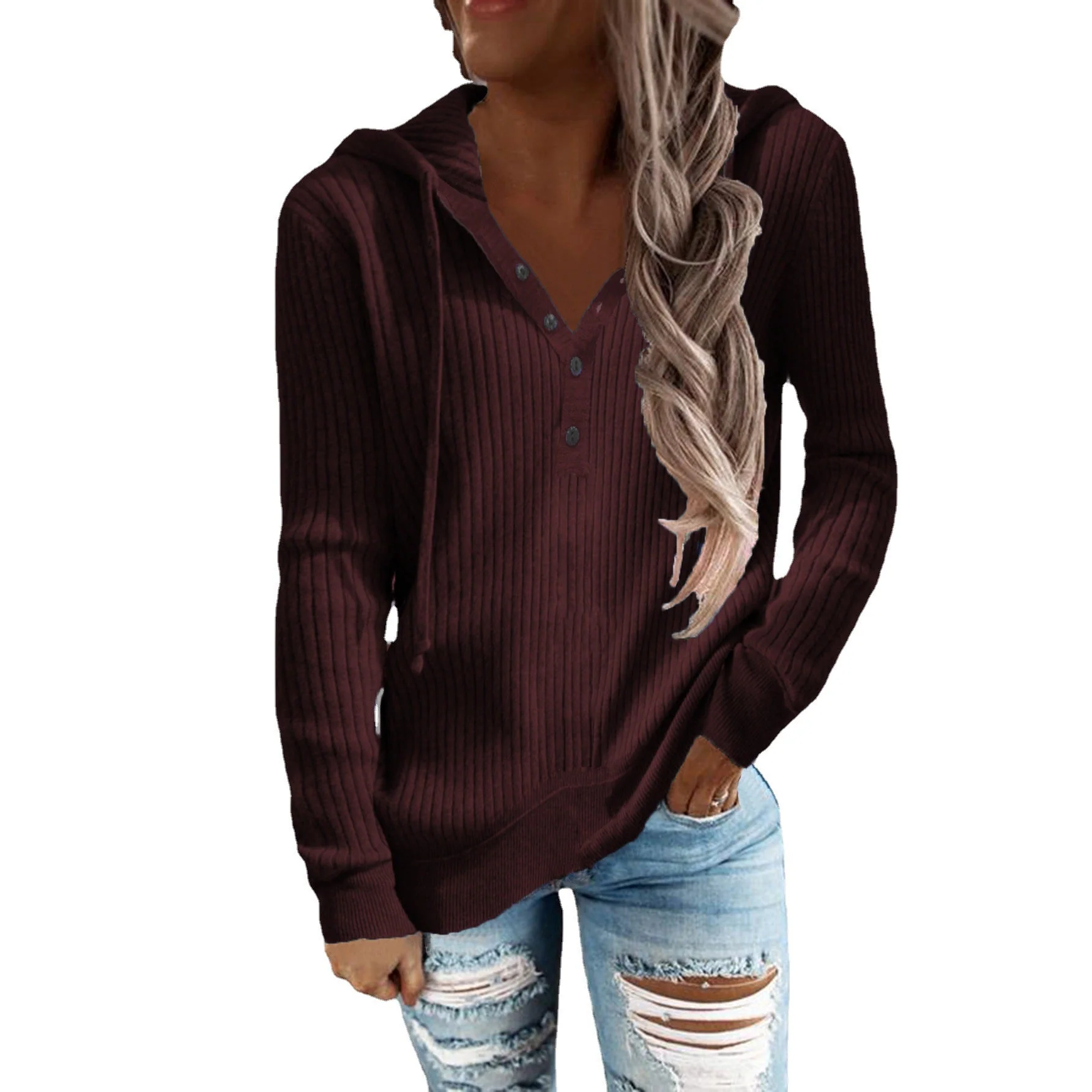Damen Kapuzenpullover mit Strukturiertem Rippdesign und Praktischen Knopfdetails Heidi-Mode - Image 5