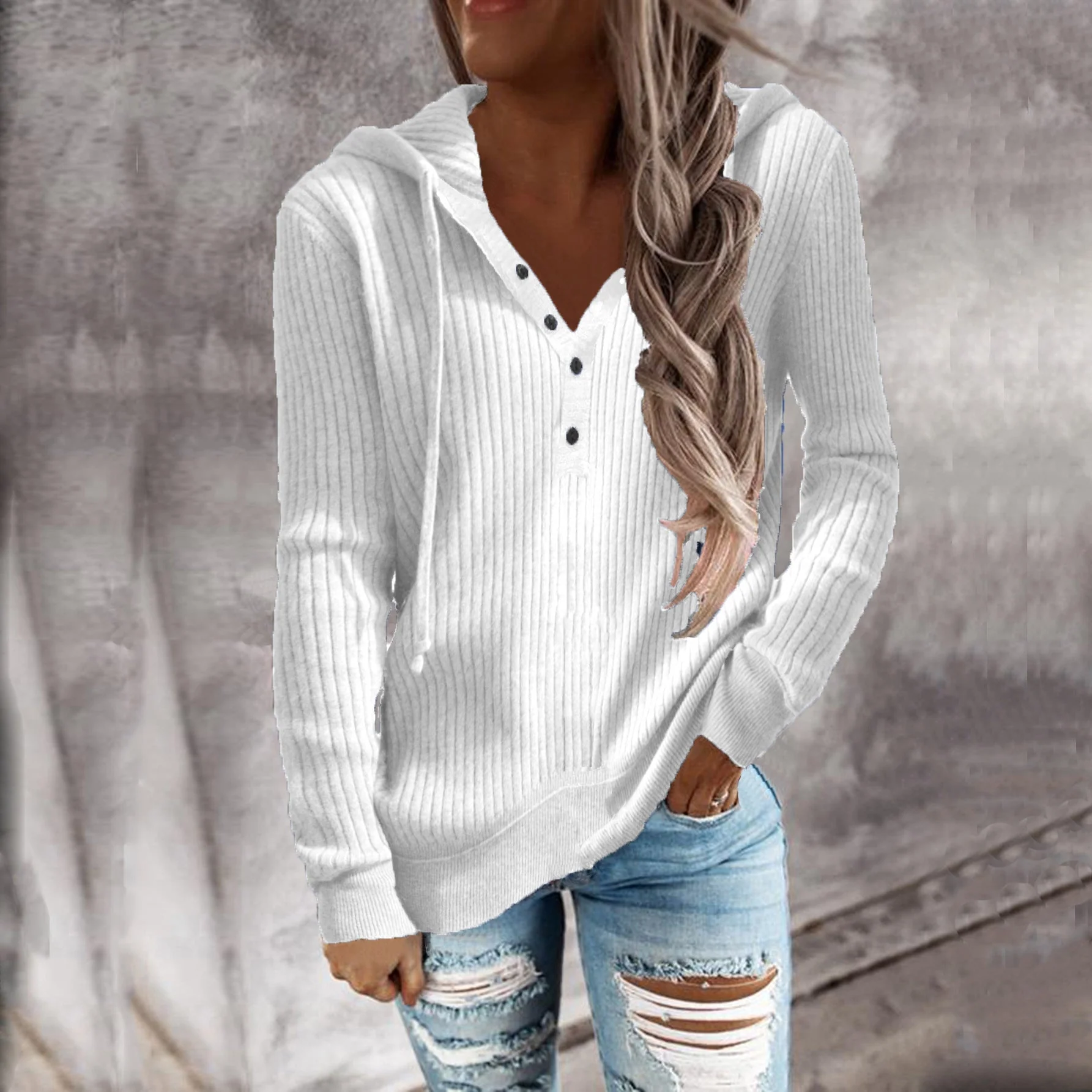 Damen Kapuzenpullover mit Strukturiertem Rippdesign und Praktischen Knopfdetails Heidi-Mode - Image 9