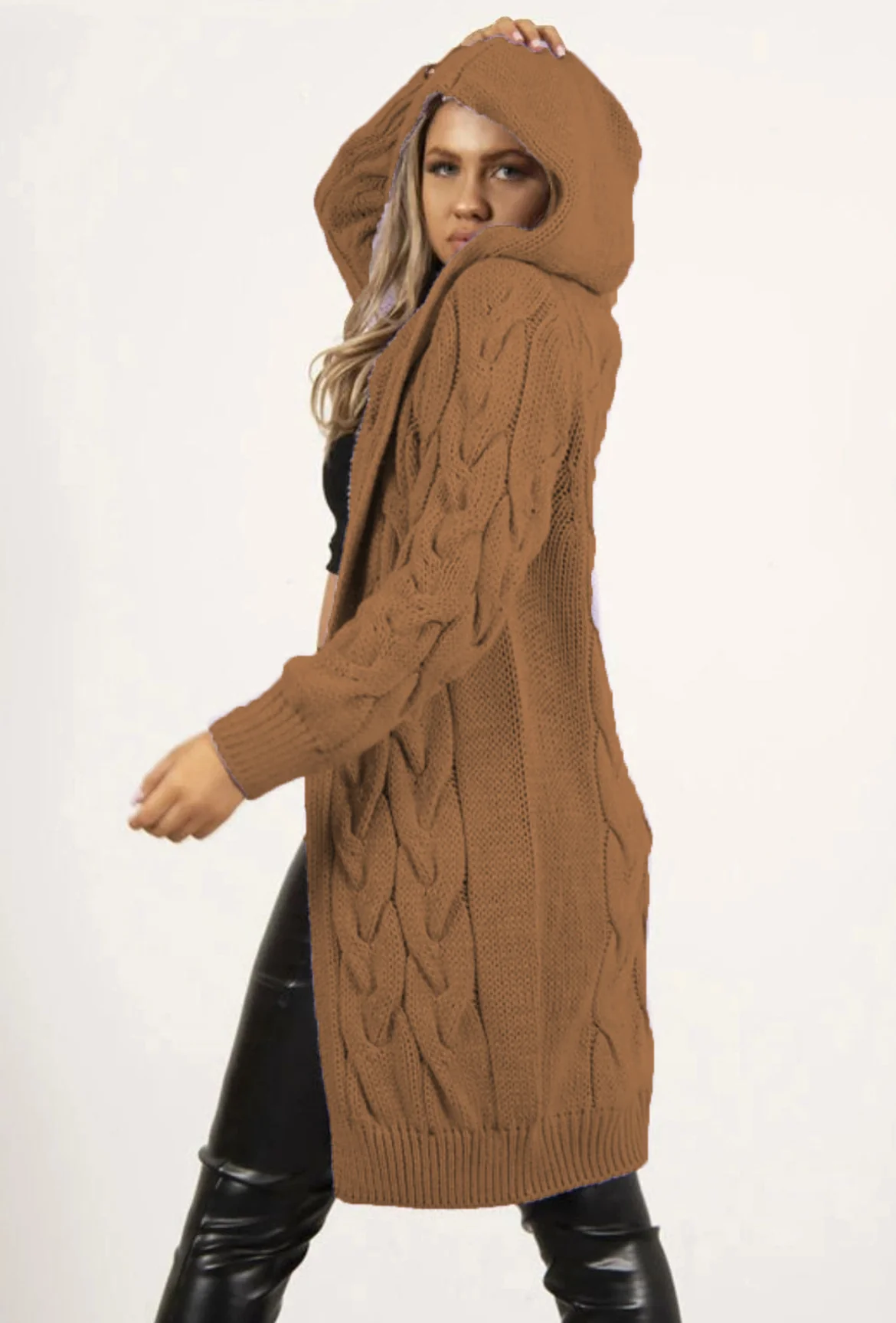 Damen Kapuzenstrickmantel mit modischem Zopfmuster und praktischen Taschen Heidi-Mode - Image 14