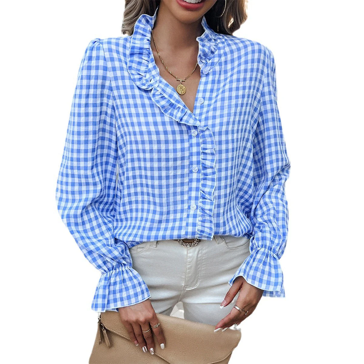 Damen Karierte Bluse mit Rüschendetails und Knopfleiste Heidi-Mode - Image 5