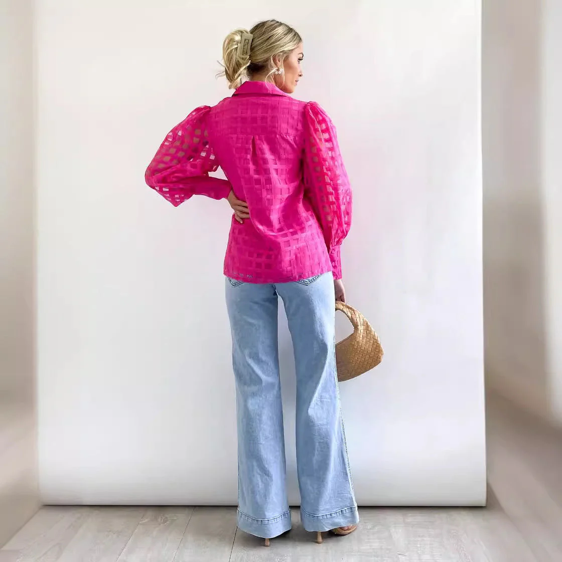 Damen Kariertes Hemd mit Transparenten Puffärmeln Heidi-Mode - Image 2