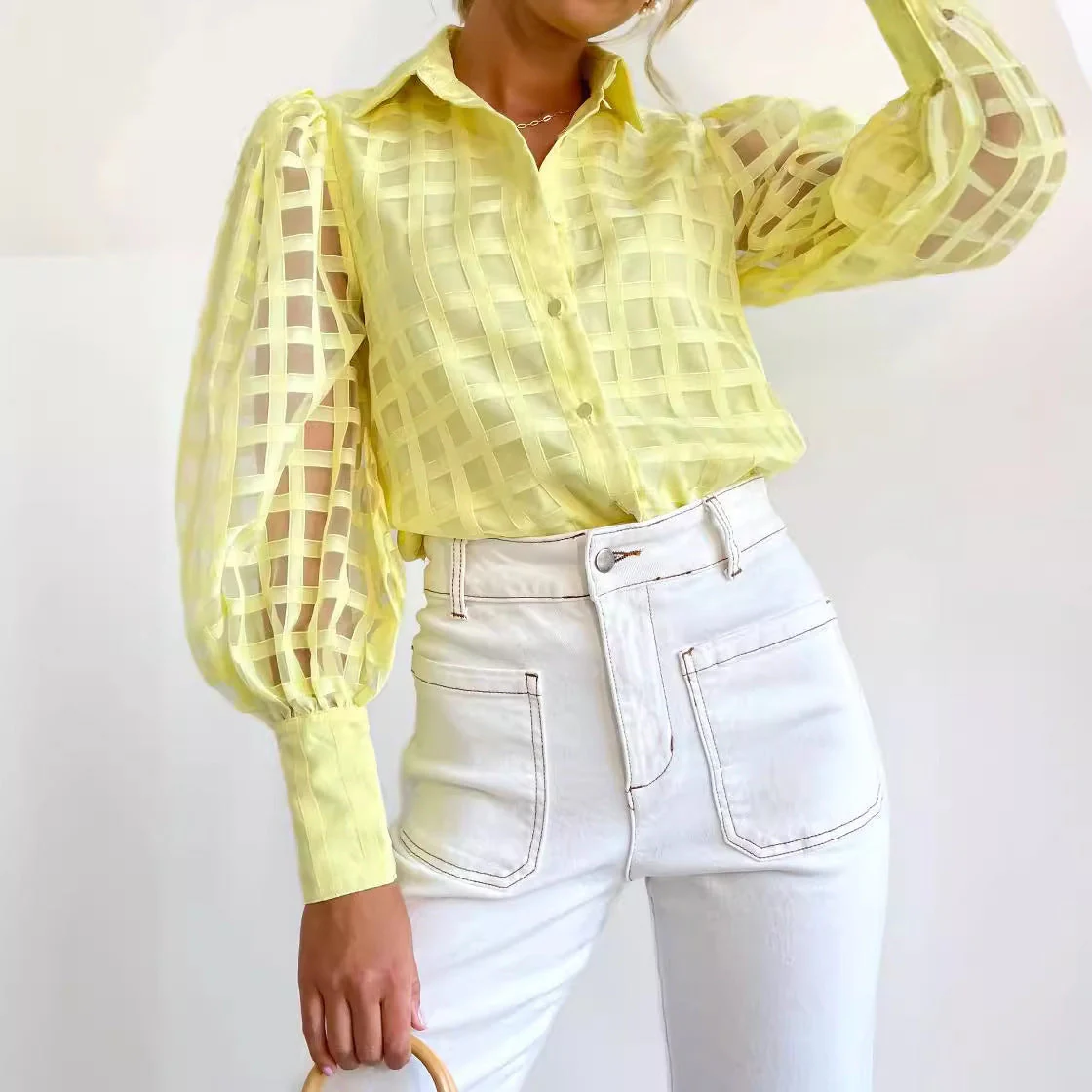 Damen Kariertes Hemd mit Transparenten Puffärmeln Heidi-Mode - Image 3
