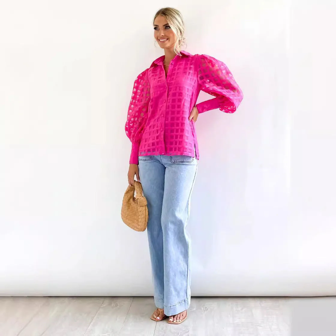 Damen Kariertes Hemd mit Transparenten Puffärmeln Heidi-Mode - Image 4