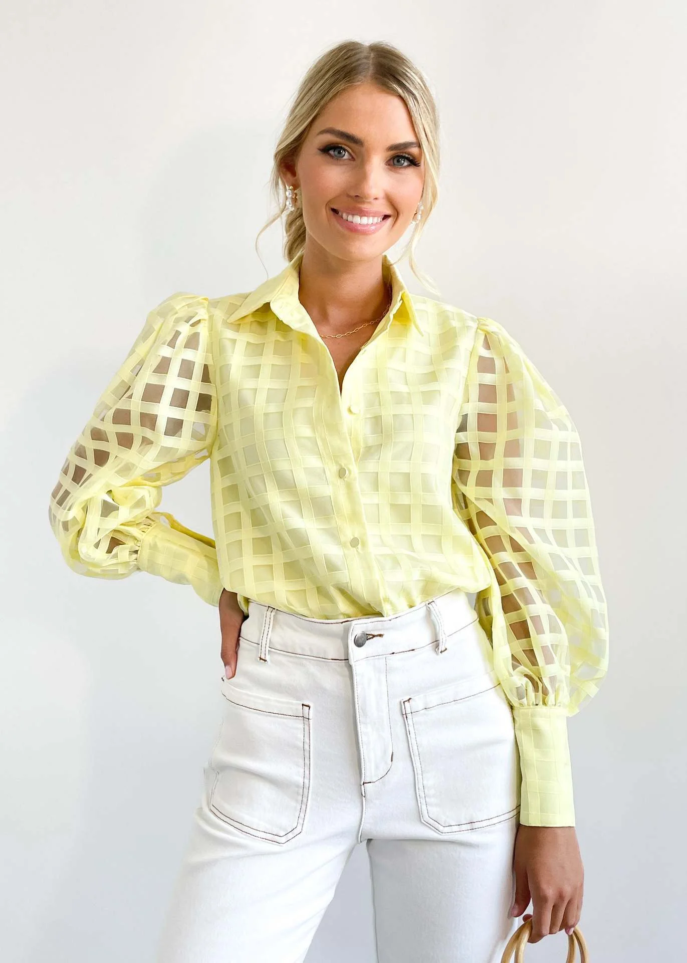 Damen Kariertes Hemd mit Transparenten Puffärmeln Heidi-Mode - Image 6