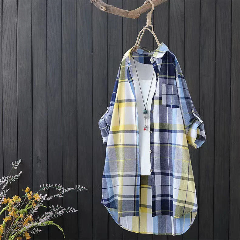 Damen Karobluse Im Lässigen Schnitt mit Knöpfbaren Ärmeln und Praktischen Taschen Heidi-Mode