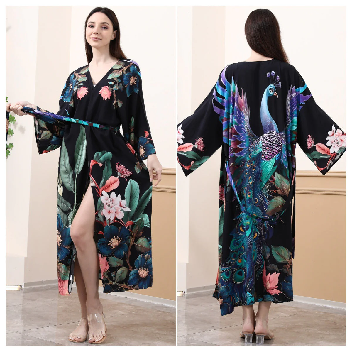 Damen Kimono mit Buntem Pfauenmotiv und Weitem Schnitt Heidi-Mode - Image 2