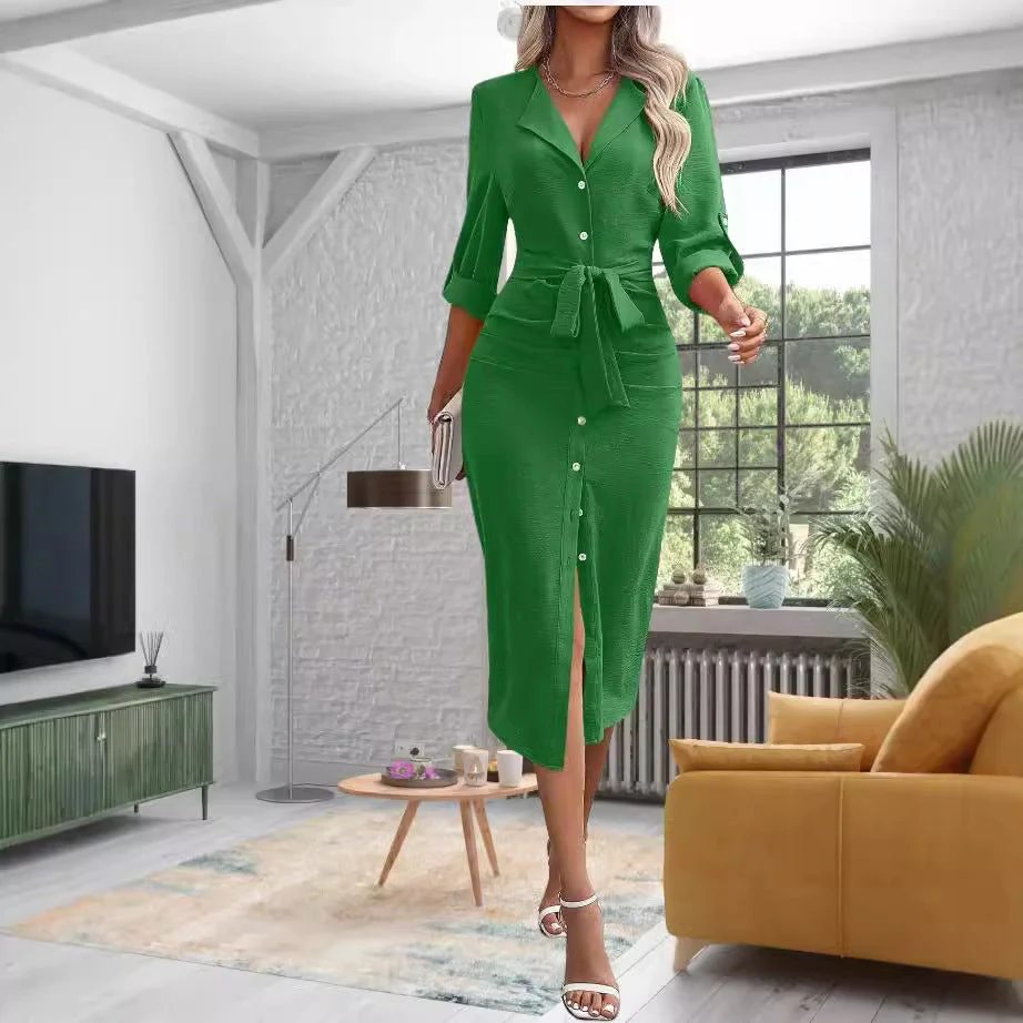 Damen Knielanges Hemdblusenkleid mit Gürtel und Modernem Revers Heidi-Mode - Image 3