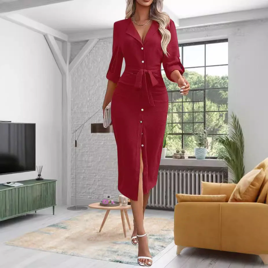 Damen Knielanges Hemdblusenkleid mit Gürtel und Modernem Revers Heidi-Mode - Image 4