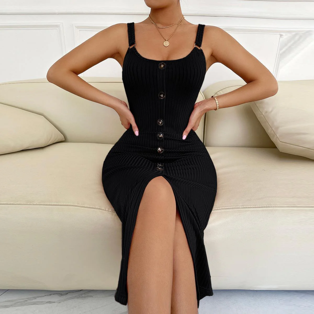Damen Knielanges Kleid mit vertikalem Rippdesign und praktischen Knopfdetails Heidi-Mode - Image 10