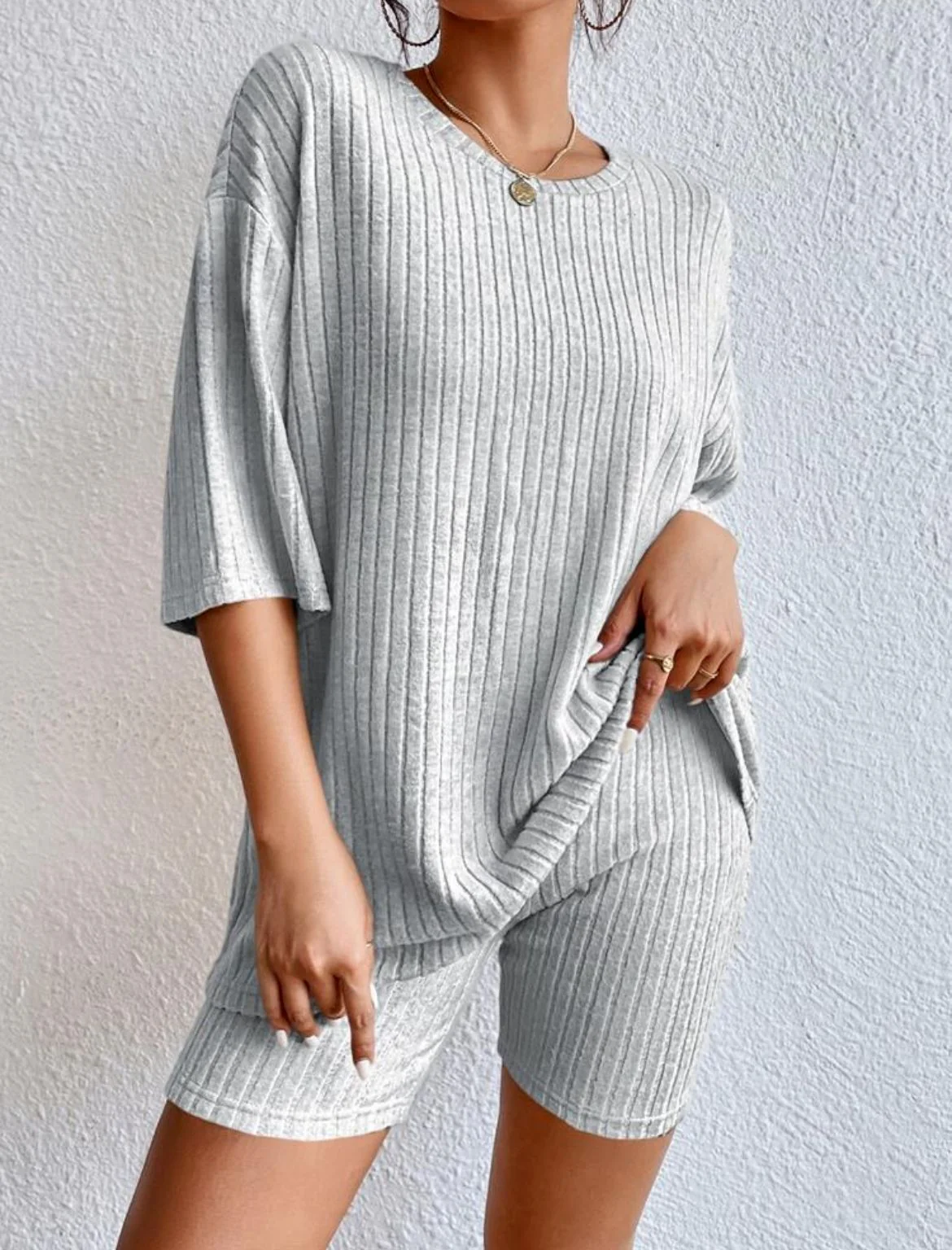 Damen Komfortables Kurzarm Set mit Rippstrick und Relaxed Schnitt Heidi-Mode - Image 12