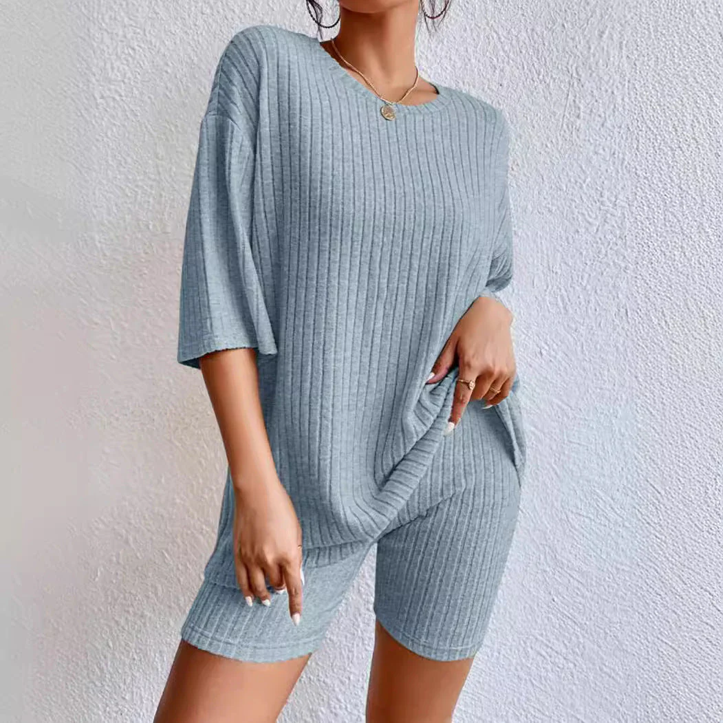 Damen Komfortables Kurzarm Set mit Rippstrick und Relaxed Schnitt Heidi-Mode - Image 3
