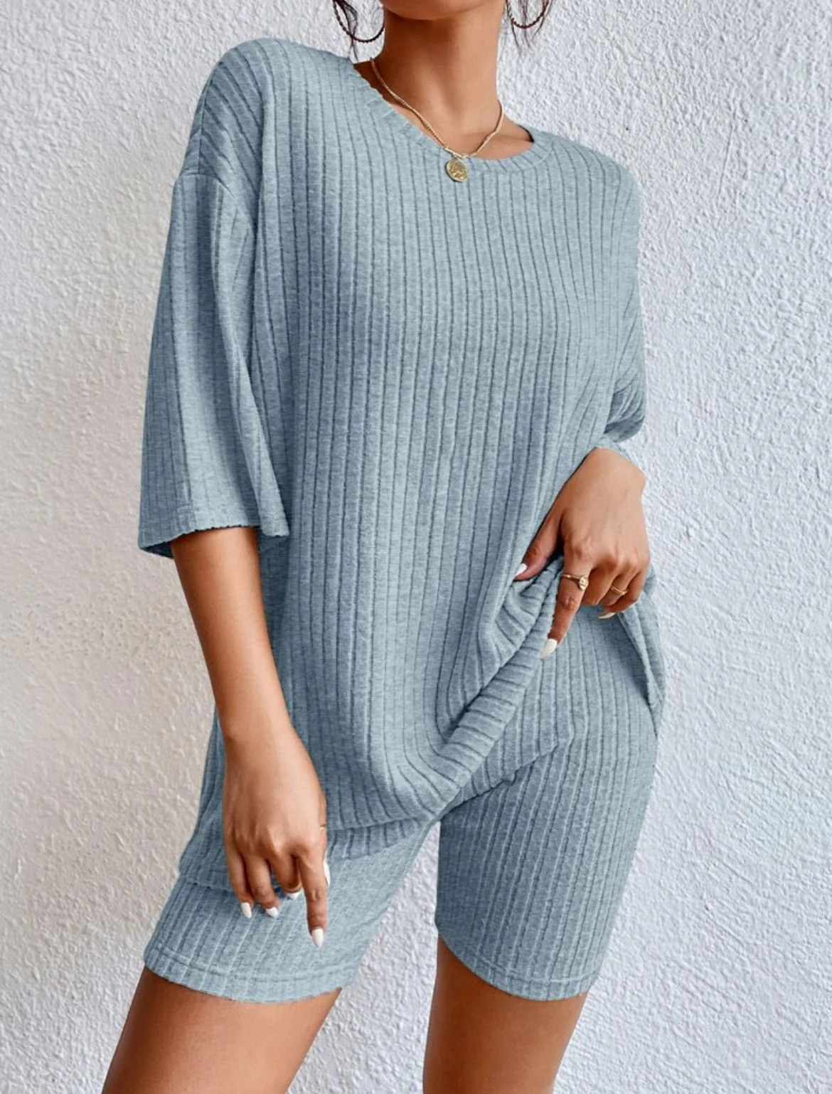 Damen Komfortables Kurzarm Set mit Rippstrick und Relaxed Schnitt Heidi-Mode - Image 6