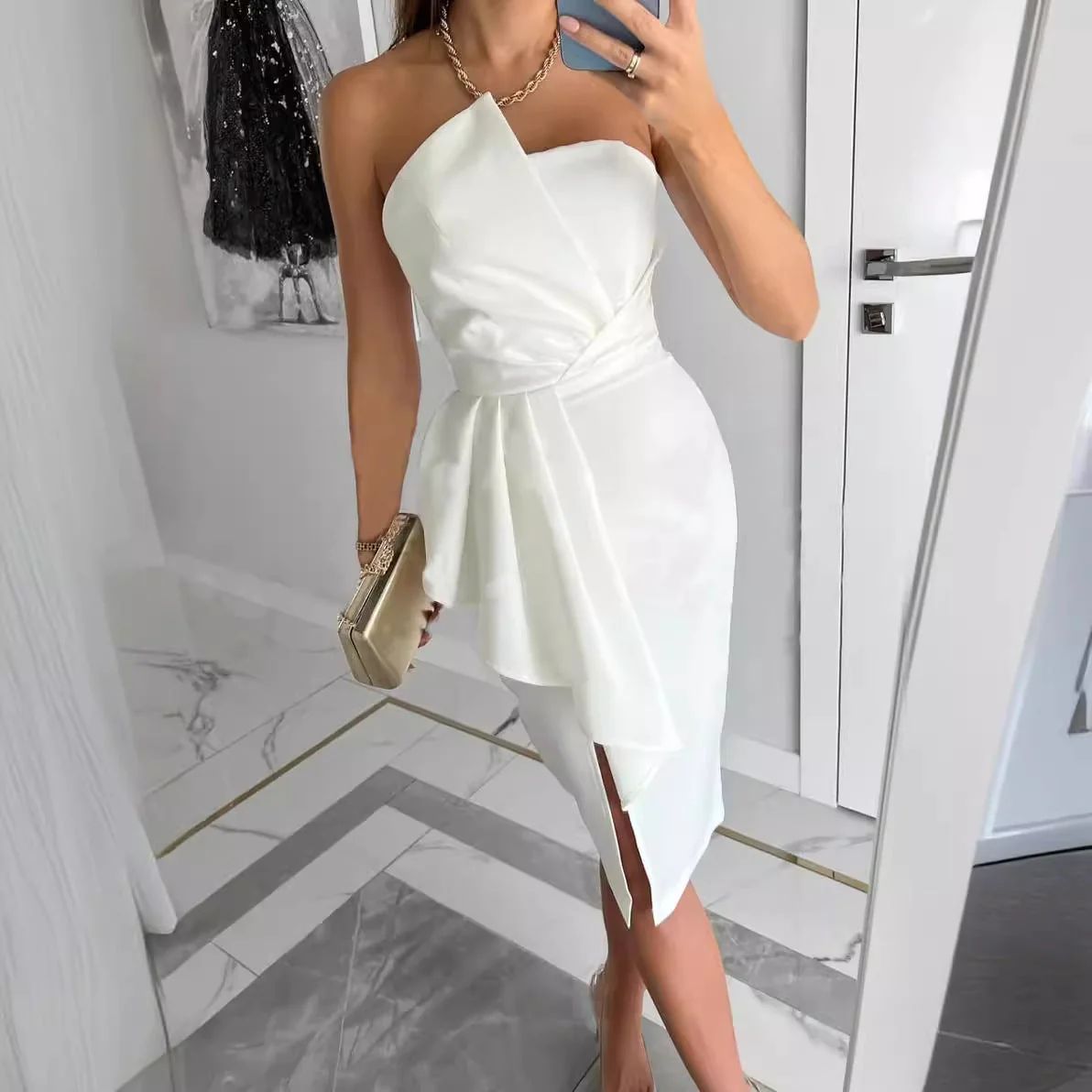 Damen Körperbetontes Abendkleid mit Rüschen und Schlitz Heidi-Mode - Image 3