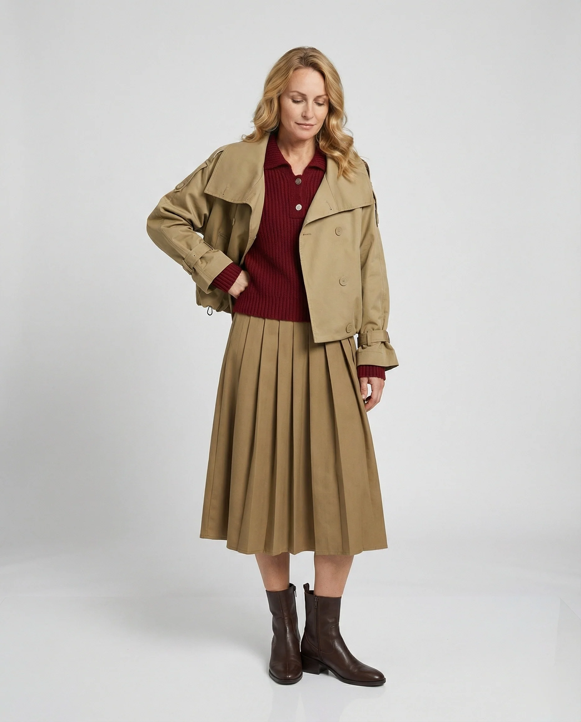 Damen Kurz-Trenchcoat Oversize Doppelreiher Herbstjacke in Beige und Khaki - Image 3