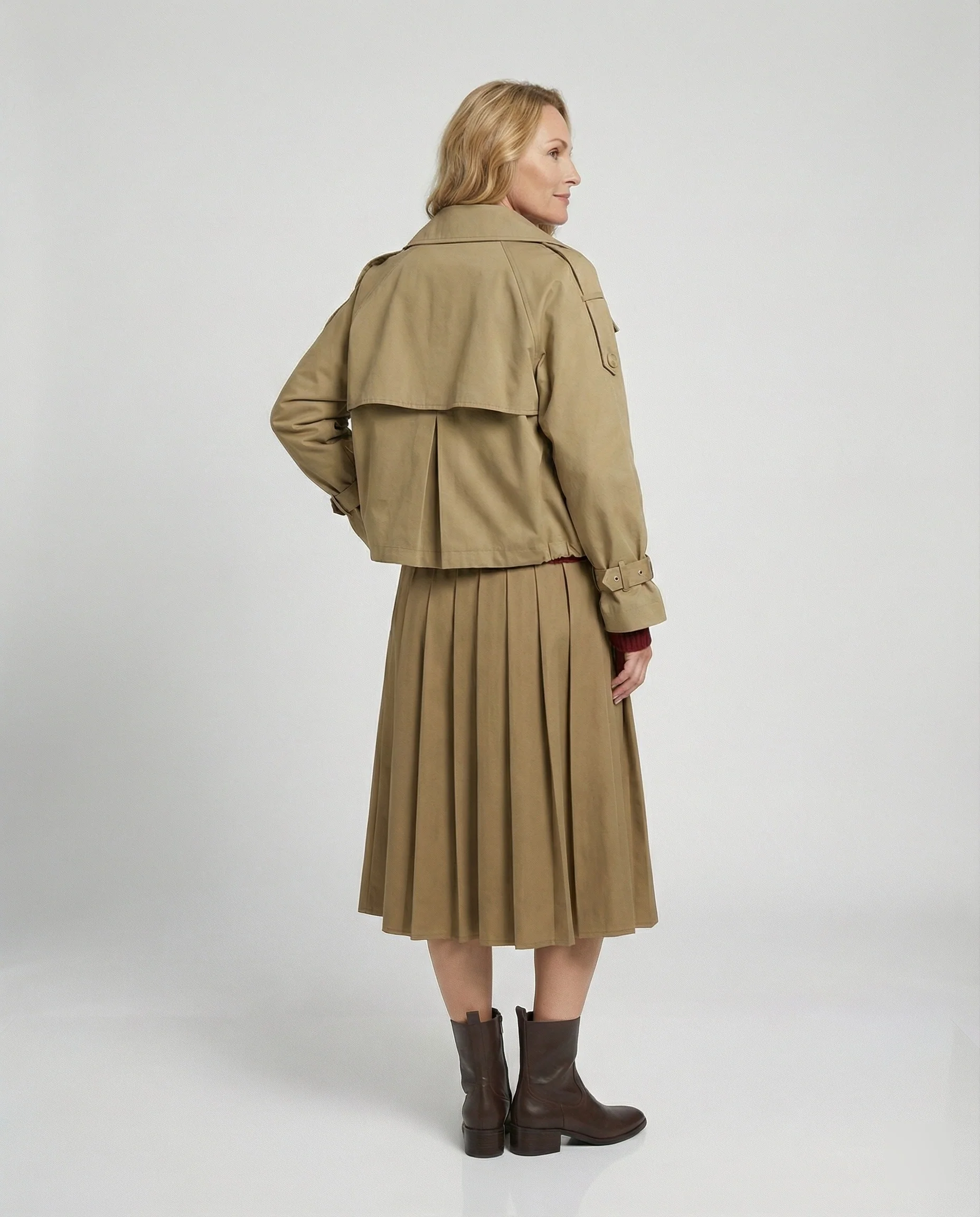 Damen Kurz-Trenchcoat Oversize Doppelreiher Herbstjacke in Beige und Khaki - Image 4