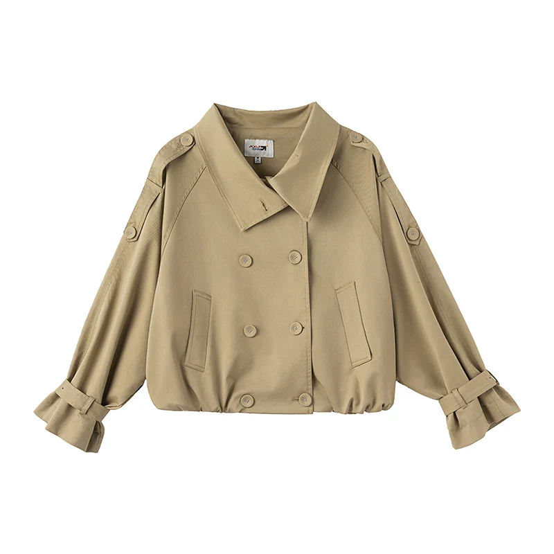 Damen Kurz-Trenchcoat Oversize Doppelreiher Herbstjacke in Beige und Khaki - Image 5