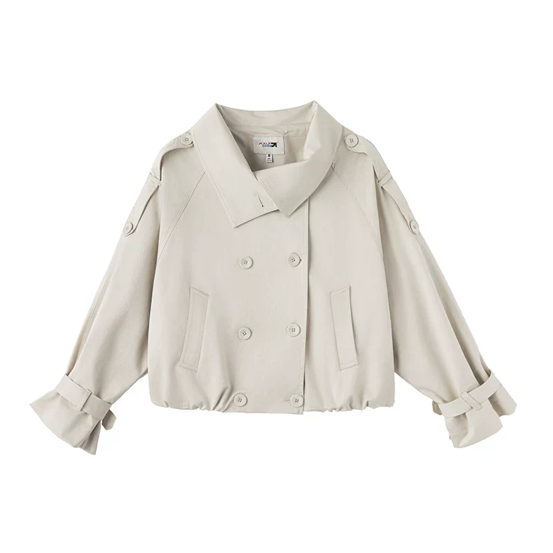 Damen Kurz-Trenchcoat Oversize Doppelreiher Herbstjacke in Beige und Khaki - Image 6