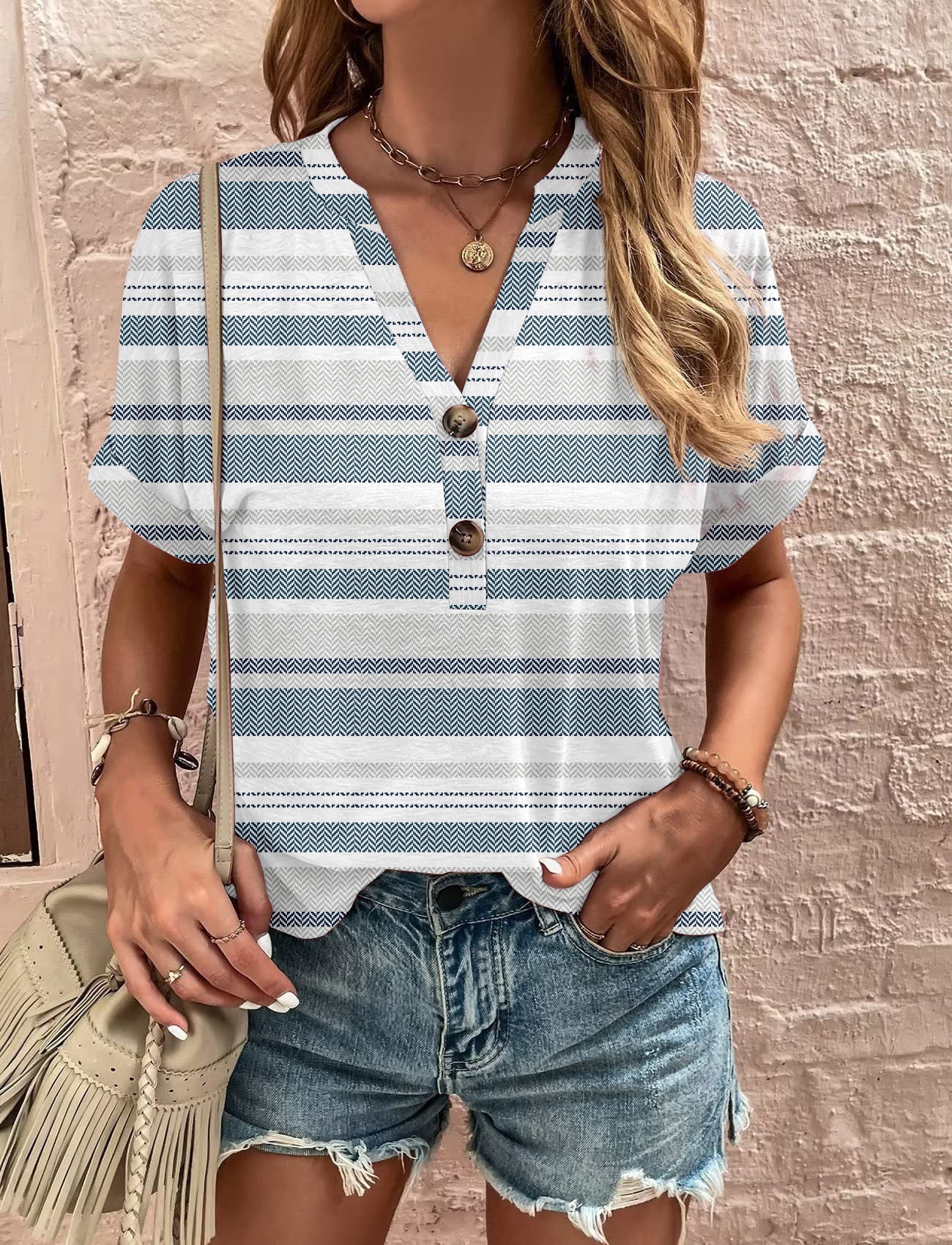Damen Kurzarm Bluse mit Dekorativem Musterdruck und Knöpfbarem Ausschnitt Heidi-Mode - Image 11