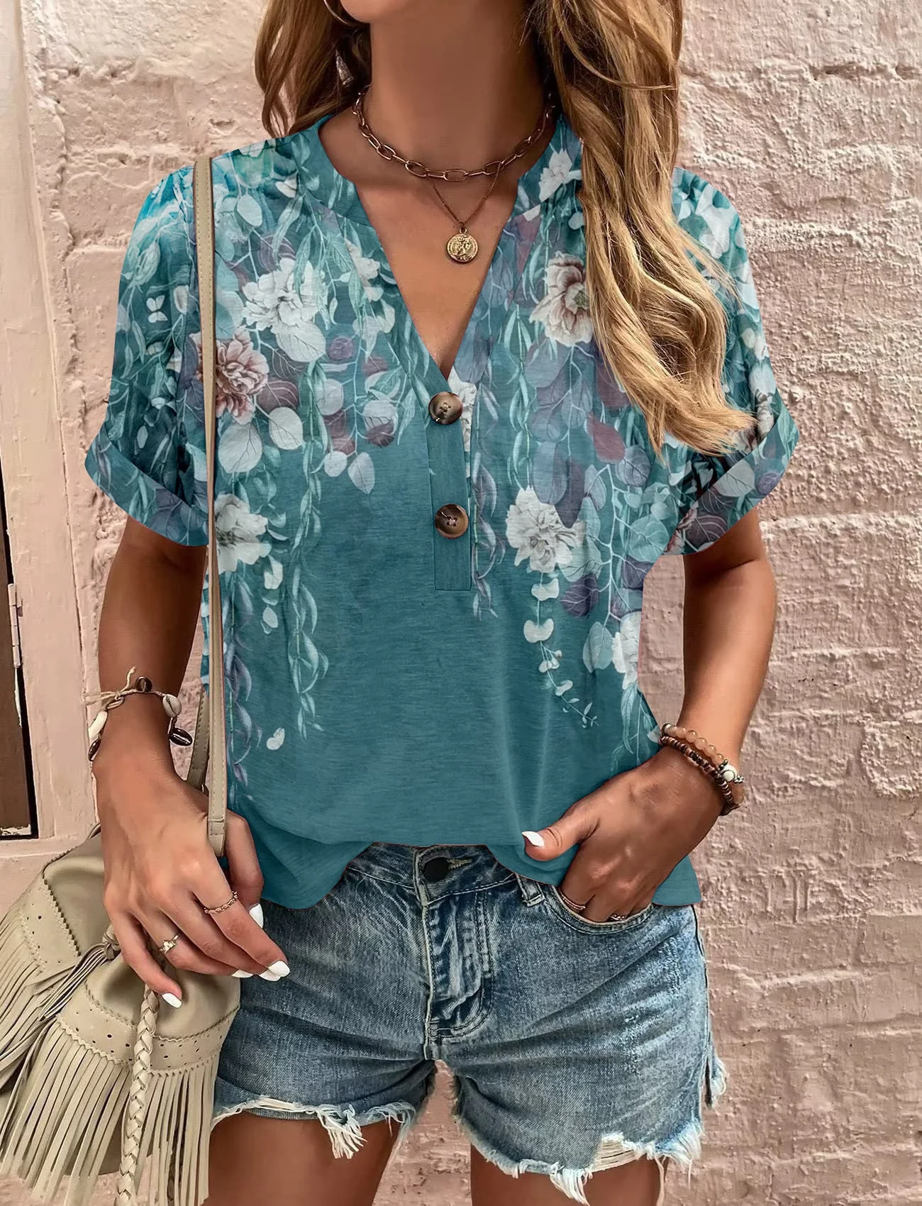 Damen Kurzarm Bluse mit Dekorativem Musterdruck und Knöpfbarem Ausschnitt Heidi-Mode - Image 14
