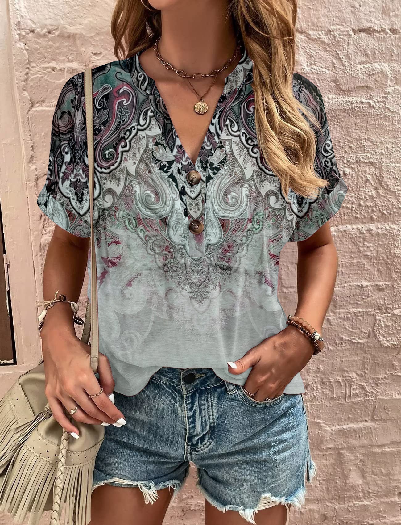 Damen Kurzarm Bluse mit Dekorativem Musterdruck und Knöpfbarem Ausschnitt Heidi-Mode - Image 16