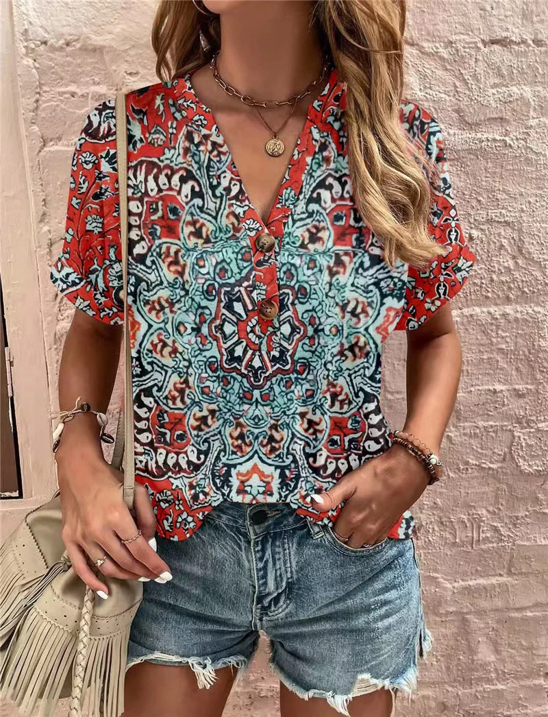 Damen Kurzarm Bluse mit Dekorativem Musterdruck und Knöpfbarem Ausschnitt Heidi-Mode - Image 2