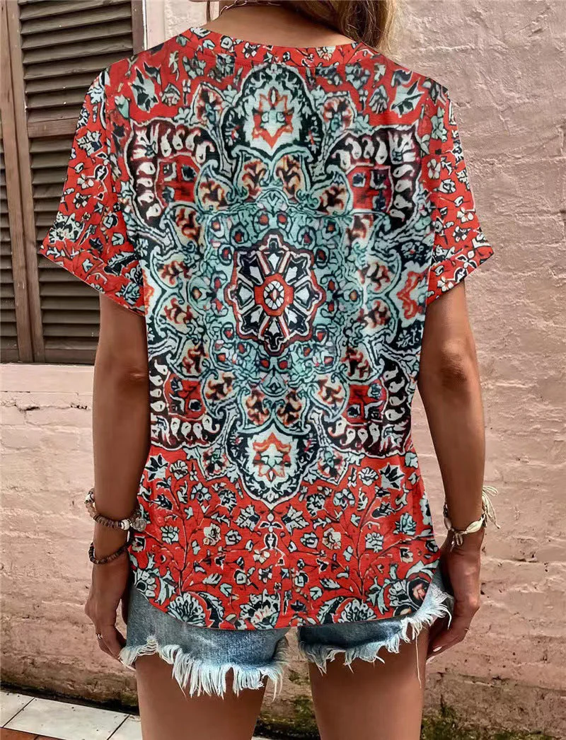 Damen Kurzarm Bluse mit Dekorativem Musterdruck und Knöpfbarem Ausschnitt Heidi-Mode - Image 3